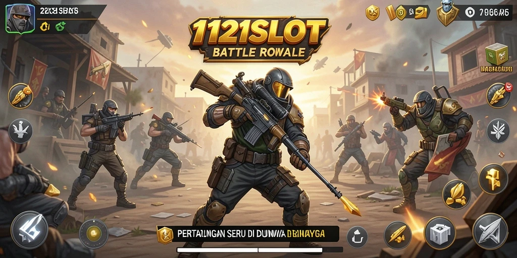 Screenshot utama 1121SLOT menampilkan aksi mendebarkan dalam pertarungan Battle Royale.