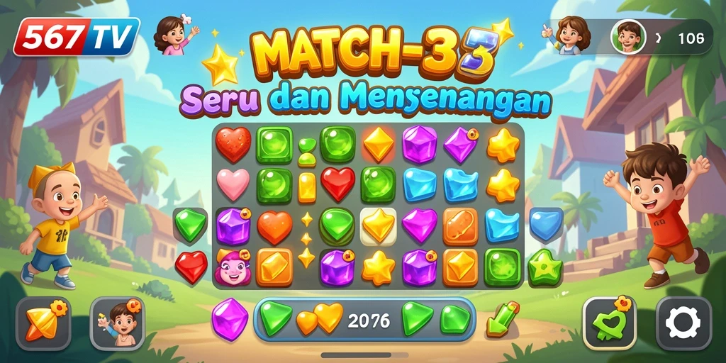 Tampilan gameplay match-3 567TV yang penuh warna dan menentang.