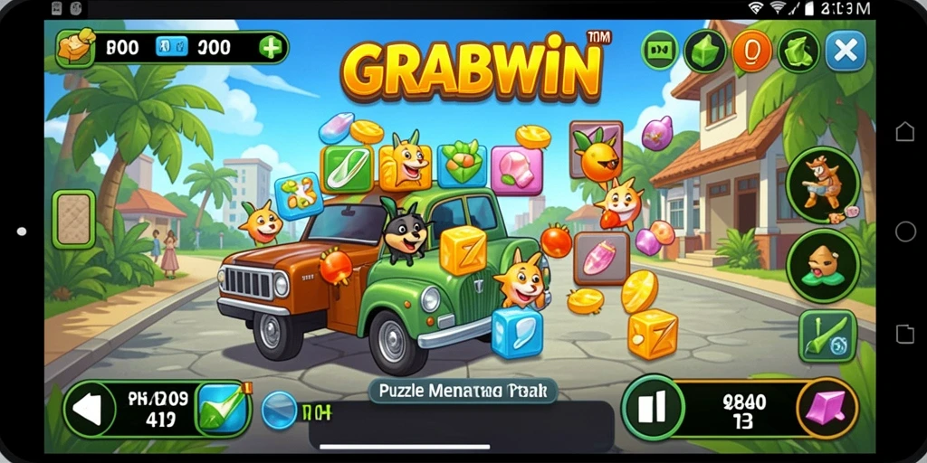 Tampilan permainan GRABWIN yang penuh warna dengan teka-teki menarik.