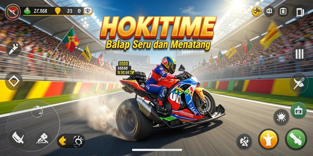 Tampilan gameplay HOKITIME dengan balapan seru di trek yang menantang.