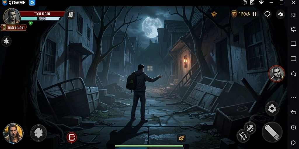 Tampilan gameplay menegangkan dalam QTGAME yang memperlihatkan kegelapan dan ketegangan.